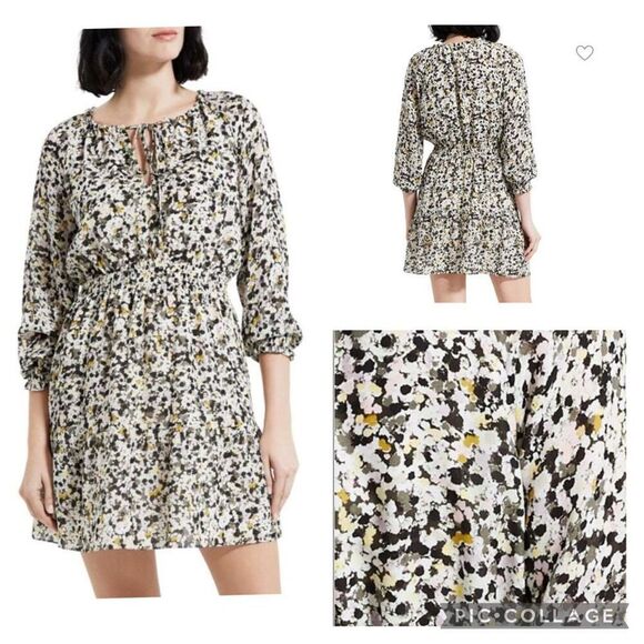 THEORY Graphic Silk Blouson pull over elastic waist Mini Dress urban floral - Picture 1 of 12